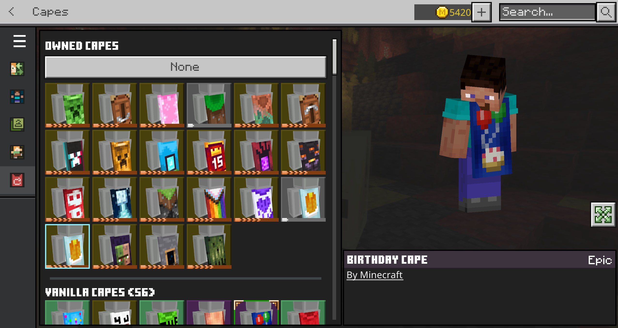Browsing default and custom capes inside the Bedrock Cosmos app