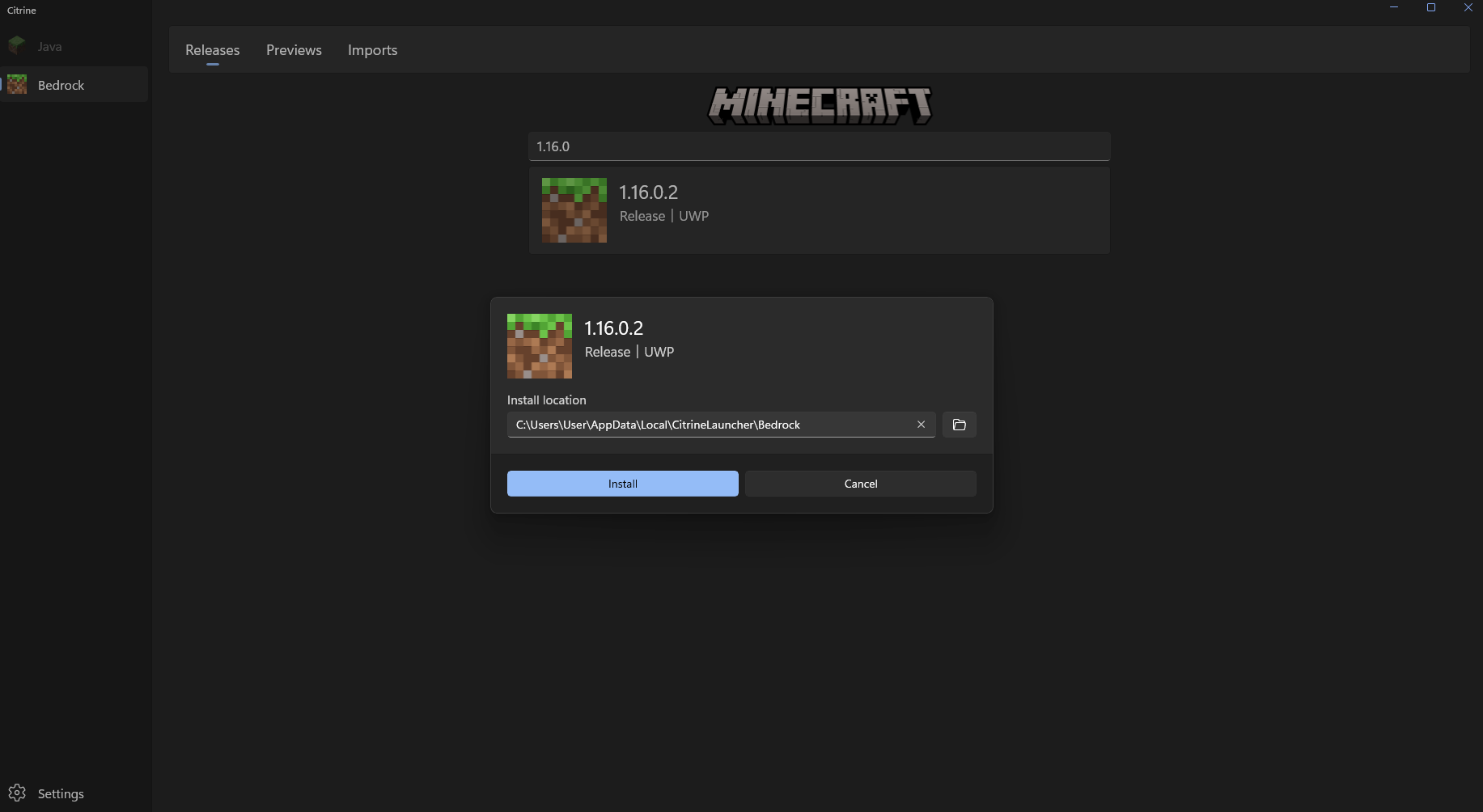 Downgrading to Minecraft Bedrock Edition version 1.16.0 using Citrine Launcher
