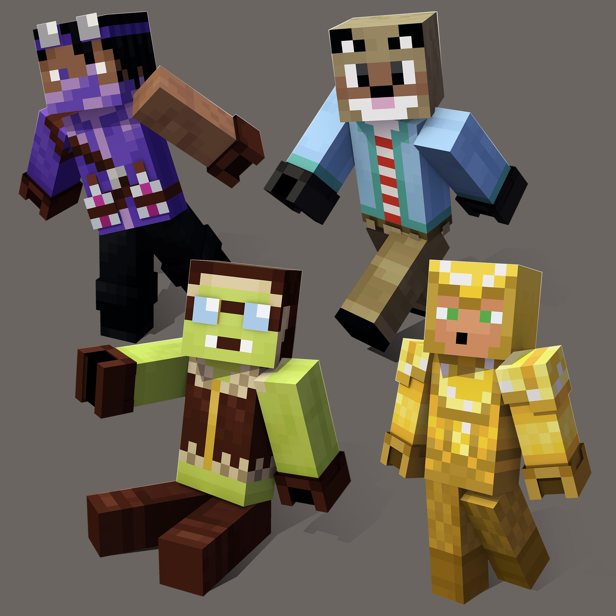 All 4 Ghast Station skins shown together on Minecraft Bedrock characters