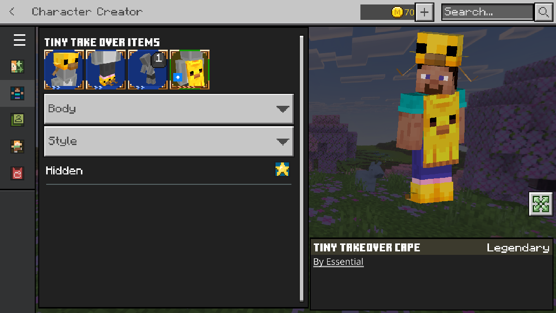 Tiny Takeover cape equipped in Minecraft Bedrock Edition via Bedrock Cosmos — custom cape cosmetic