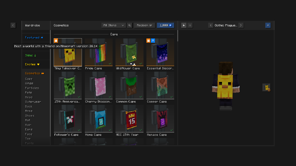 Tiny Takeover cape unlocked in Minecraft Java Edition via Essential Mod — cape cosmetics menu