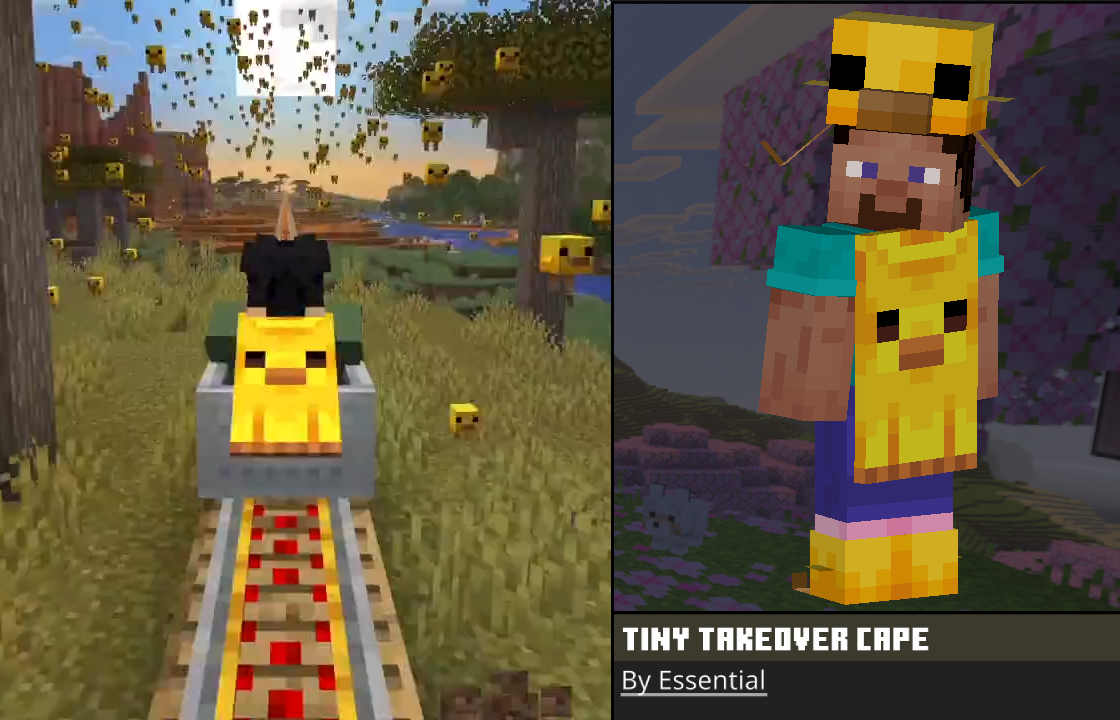 Tiny Takeover cape in Minecraft — available on Bedrock and Java Edition via Bedrock Cosmos and Essential Mod