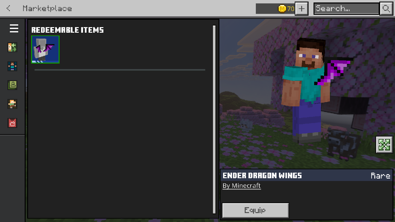 Ender Dragon Wings back item equipped in Minecraft Bedrock Edition Character Creator