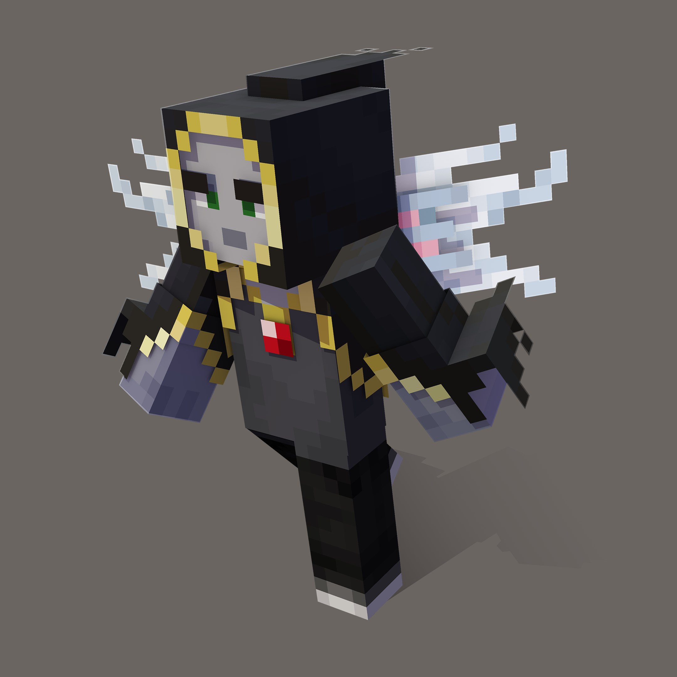 Evoker Hooded Mantle and Vex Plumed Wings worn by a Minecraft Bedrock character, full body view