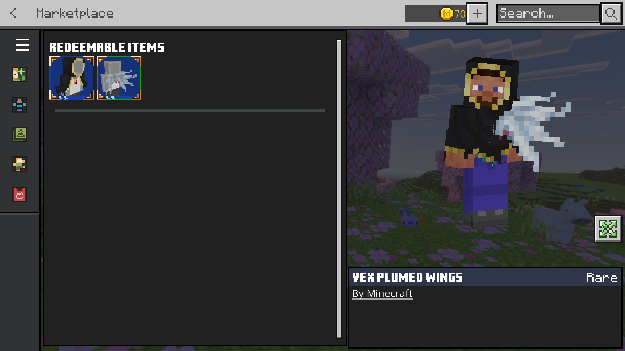 Evoker Hooded Mantle and Vex Plumed Wings equipped on a Minecraft Bedrock character